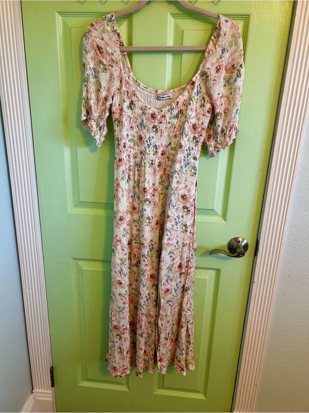 Abercrombie & Fitch Cream Floral Smocked Midi Dress with Pink and Blue Accents